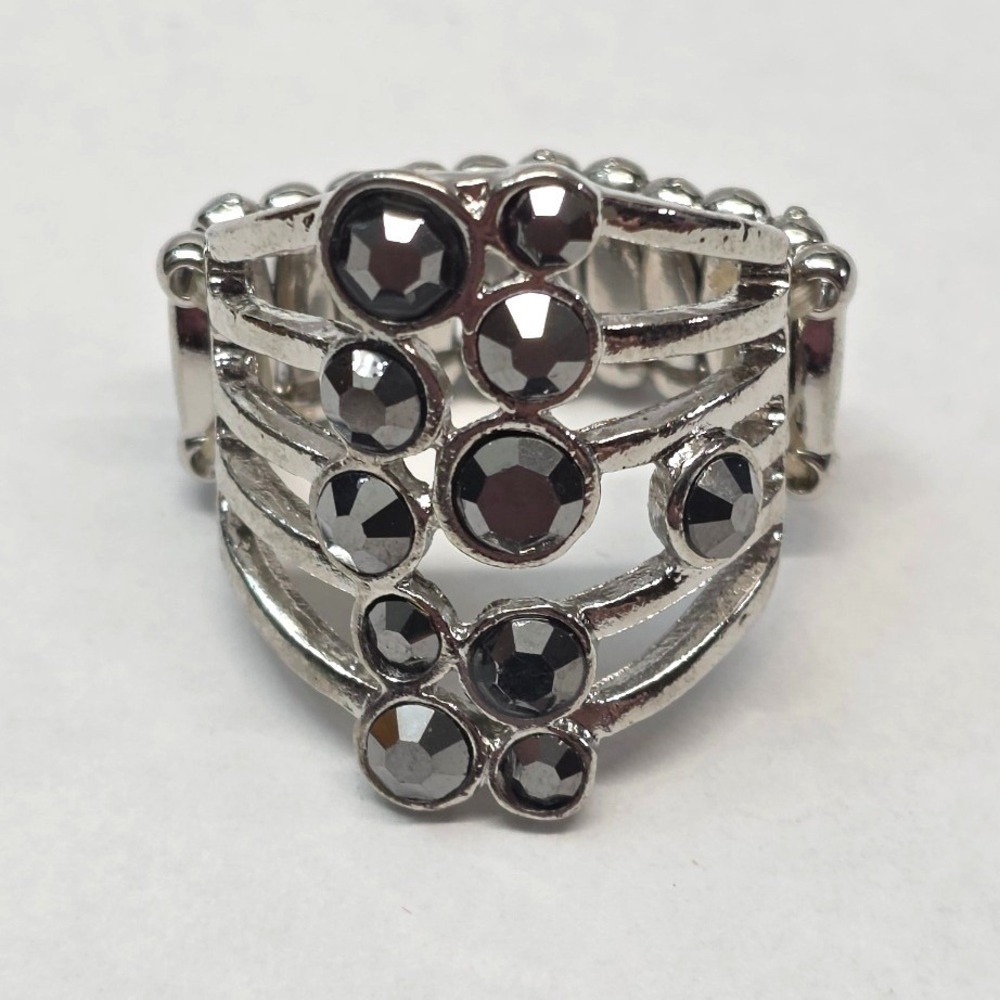 New Dark Rhinestone Stretch Band Ring Gray Silver Tone‎ Statement Chunky PLus